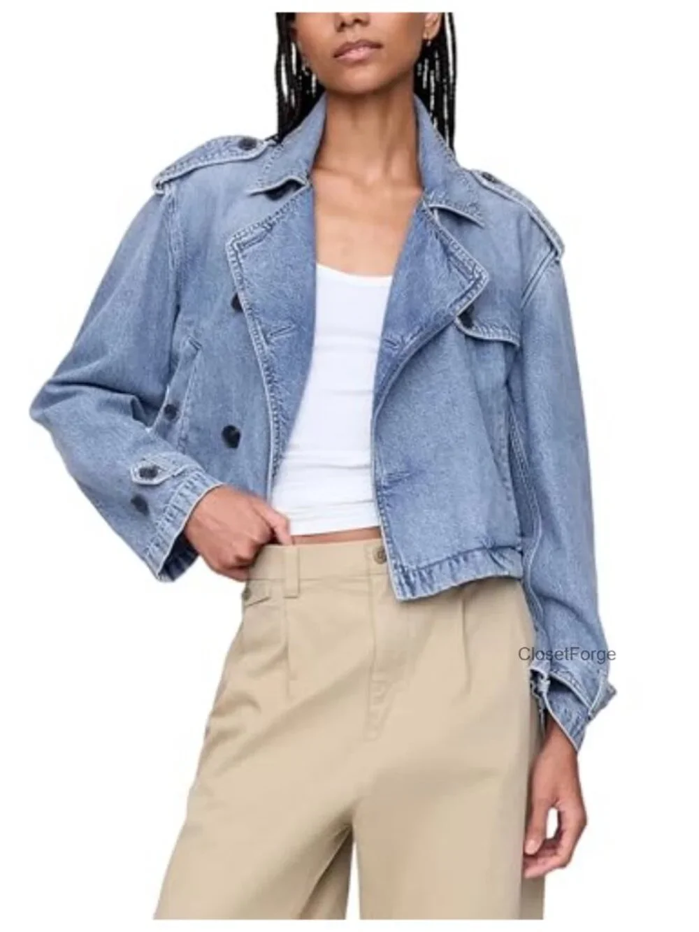 Cropped Denim Trench Coat Notch Collar Double Breasted Button Front Jacket